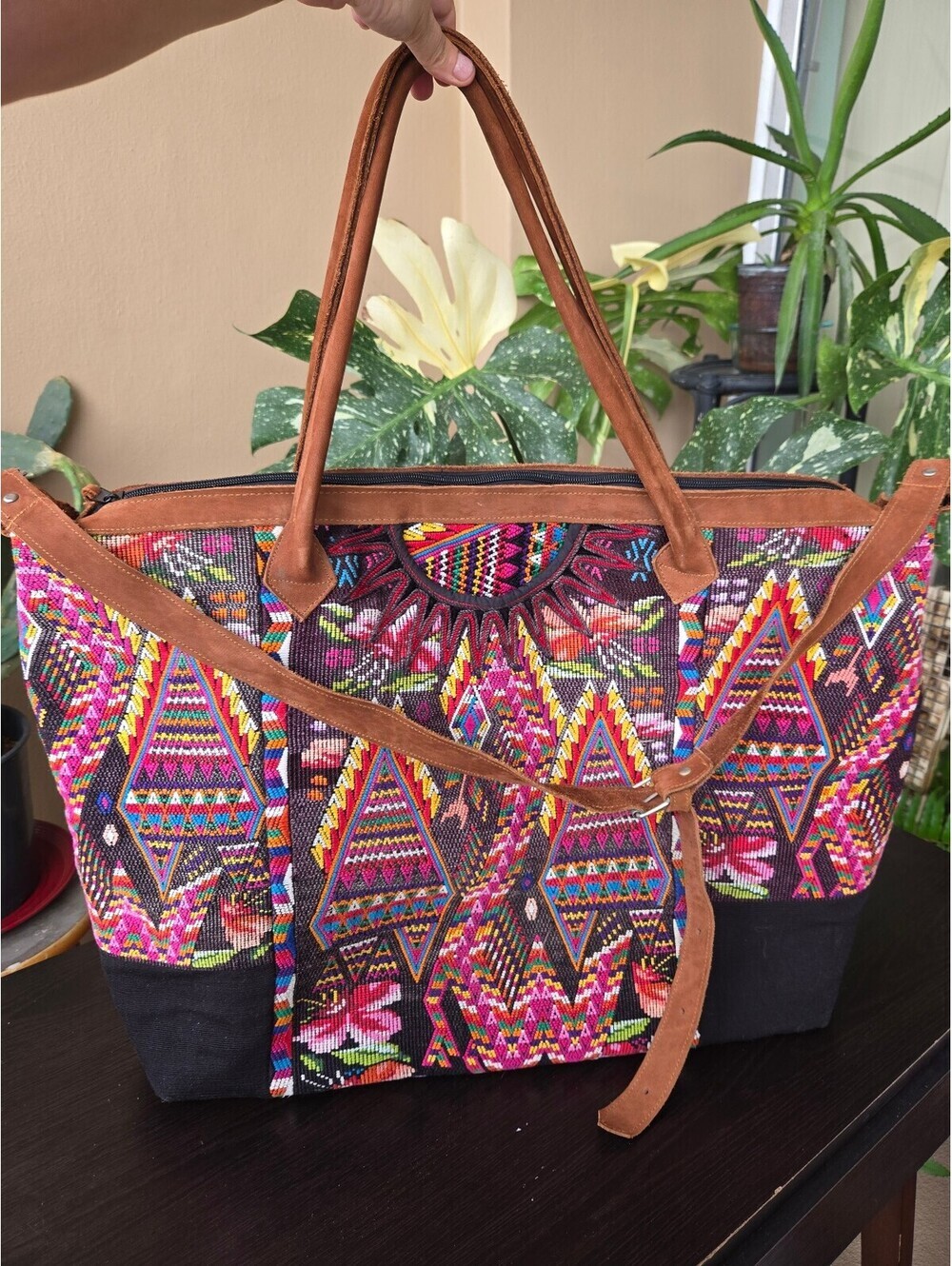 Rare Guatemala Woven Cotton Large Weekender Tote Bag Leather Trim Boho Travel